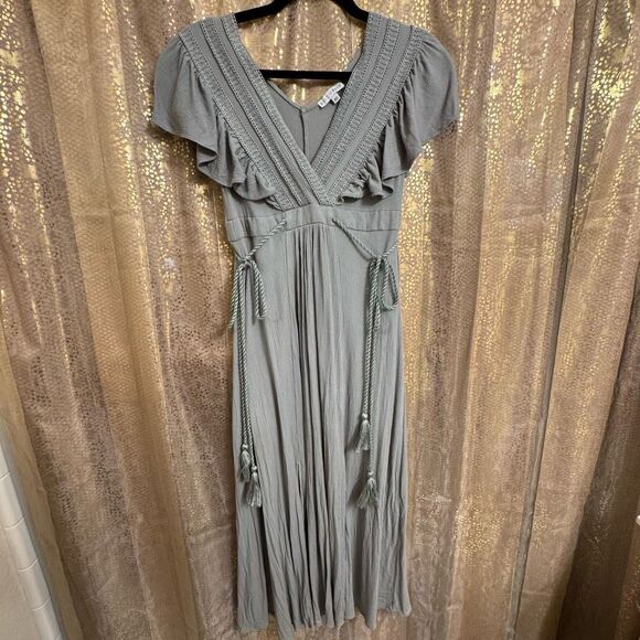 Baltic Born Jennifer Deep V Light Sage Green Tassels Maxi Dress XS - Picture 1 of 13